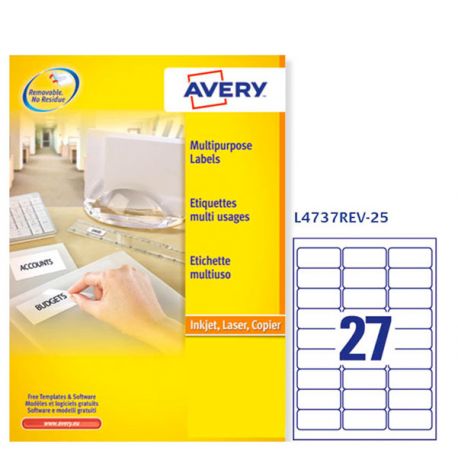 Etichette Avery L4737REV 63,5x29,6 27et/25fg removibili