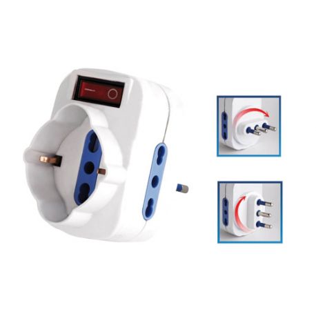 Adattatore rotante 2 bipasso 10/16A 1 shuko con interruttore